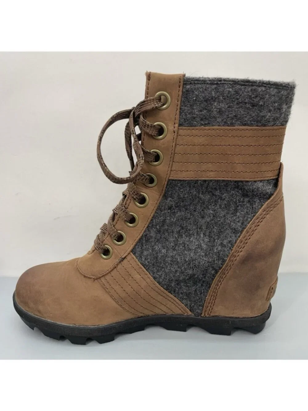Sorel Lexie Ankle Wedge Boots Waterproof Distressed Felt Leather Brown Women 8.5